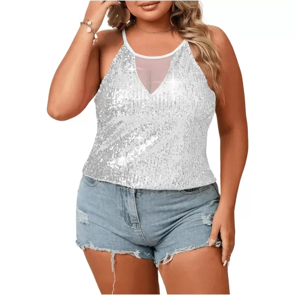 WDIRARA Women's Plus Size Sequin Halter Sleeveless Contrast Mesh Party Night Rave Top