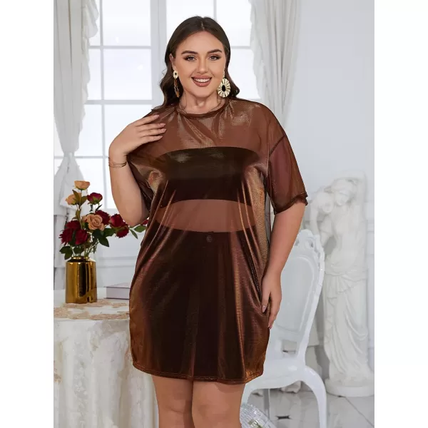 WDIRARA Women's Plus Size Sheer Mesh Drop Shoulder Holographic Half Sleeve Round Neck Blouse Top