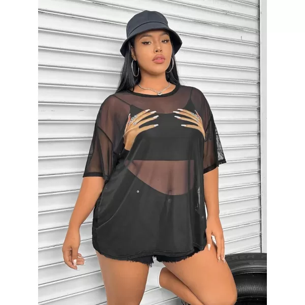 WDIRARA Women's Plus Size Sheer Mesh Drop Shoulder Holographic Half Sleeve Round Neck Blouse Top