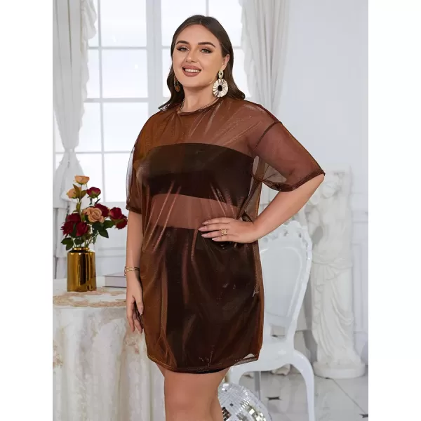 WDIRARA Women's Plus Size Sheer Mesh Drop Shoulder Holographic Half Sleeve Round Neck Blouse Top