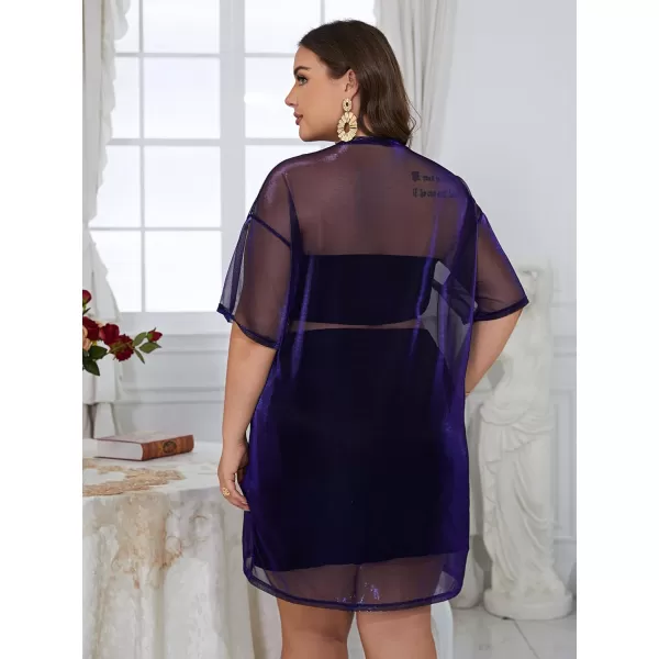 WDIRARA Women's Plus Size Sheer Mesh Drop Shoulder Holographic Half Sleeve Round Neck Blouse Top