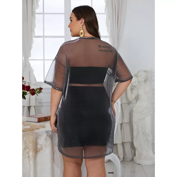 WDIRARA Women's Plus Size Sheer Mesh Drop Shoulder Holographic Half Sleeve Round Neck Blouse Top