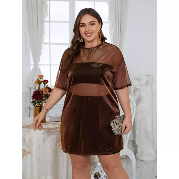 WDIRARA Women's Plus Size Sheer Mesh Drop Shoulder Holographic Half Sleeve Round Neck Blouse Top