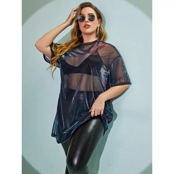 WDIRARA Women's Plus Size Sheer Mesh Drop Shoulder Holographic Half Sleeve Round Neck Blouse Top