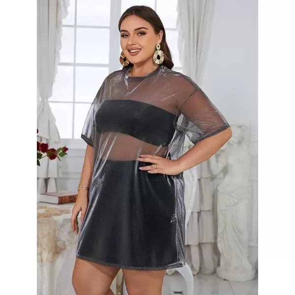 WDIRARA Women's Plus Size Sheer Mesh Drop Shoulder Holographic Half Sleeve Round Neck Blouse Top