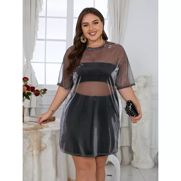 WDIRARA Women's Plus Size Sheer Mesh Drop Shoulder Holographic Half Sleeve Round Neck Blouse Top