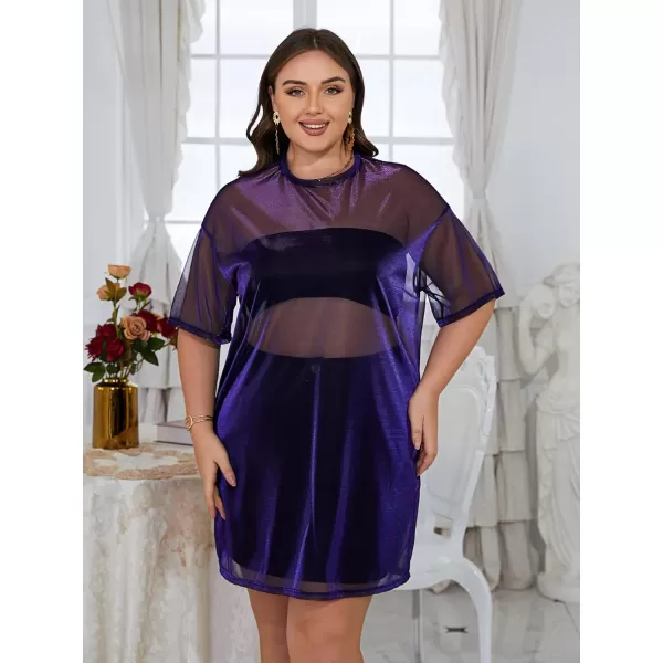 WDIRARA Women's Plus Size Sheer Mesh Drop Shoulder Holographic Half Sleeve Round Neck Blouse Top