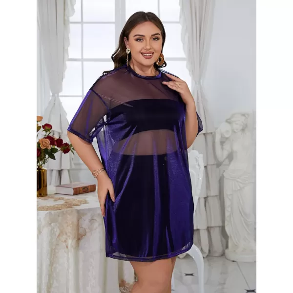 WDIRARA Women's Plus Size Sheer Mesh Drop Shoulder Holographic Half Sleeve Round Neck Blouse Top
