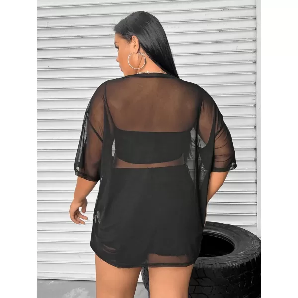 WDIRARA Women's Plus Size Sheer Mesh Drop Shoulder Holographic Half Sleeve Round Neck Blouse Top