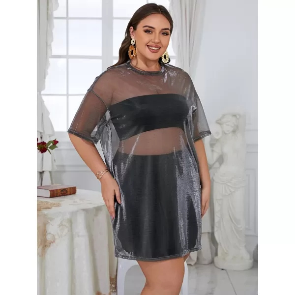 WDIRARA Women's Plus Size Sheer Mesh Drop Shoulder Holographic Half Sleeve Round Neck Blouse Top