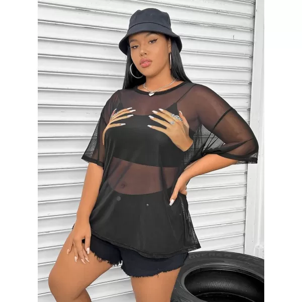 WDIRARA Women's Plus Size Sheer Mesh Drop Shoulder Holographic Half Sleeve Round Neck Blouse Top