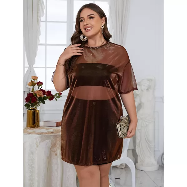 WDIRARA Women's Plus Size Sheer Mesh Drop Shoulder Holographic Half Sleeve Round Neck Blouse Top