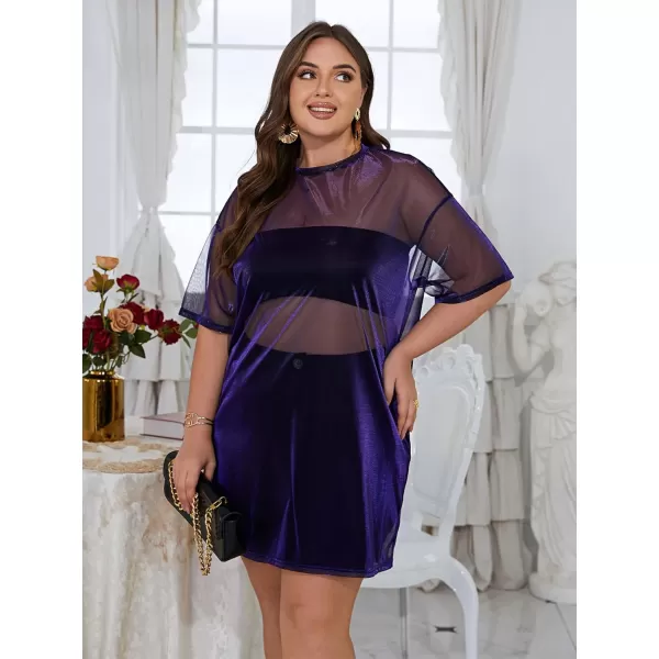 WDIRARA Women's Plus Size Sheer Mesh Drop Shoulder Holographic Half Sleeve Round Neck Blouse Top