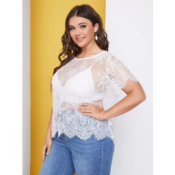 WDIRARA Women's Plus Size Sheer Mesh Lace Top Sexy Scallop Trim Blouse