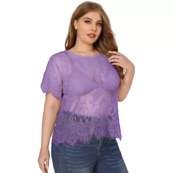 WDIRARA Women's Plus Size Sheer Mesh Lace Top Sexy Scallop Trim Blouse