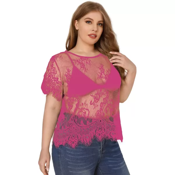 WDIRARA Women's Plus Size Sheer Mesh Lace Top Sexy Scallop Trim Blouse