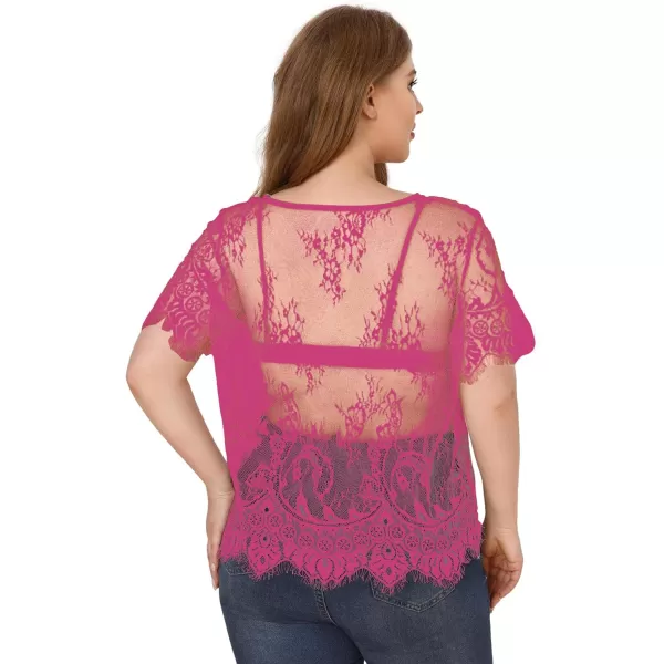 WDIRARA Women's Plus Size Sheer Mesh Lace Top Sexy Scallop Trim Blouse