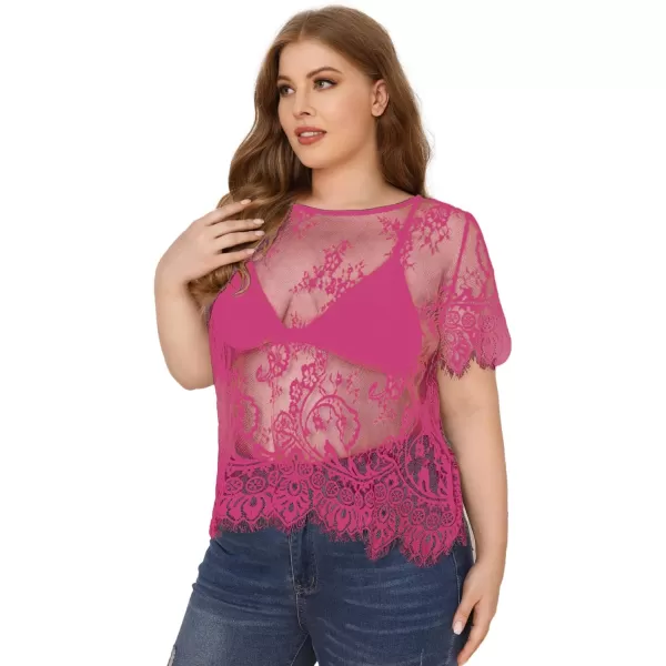 WDIRARA Women's Plus Size Sheer Mesh Lace Top Sexy Scallop Trim Blouse