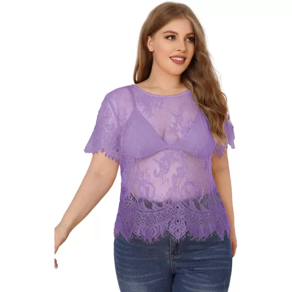 WDIRARA Women's Plus Size Sheer Mesh Lace Top Sexy Scallop Trim Blouse