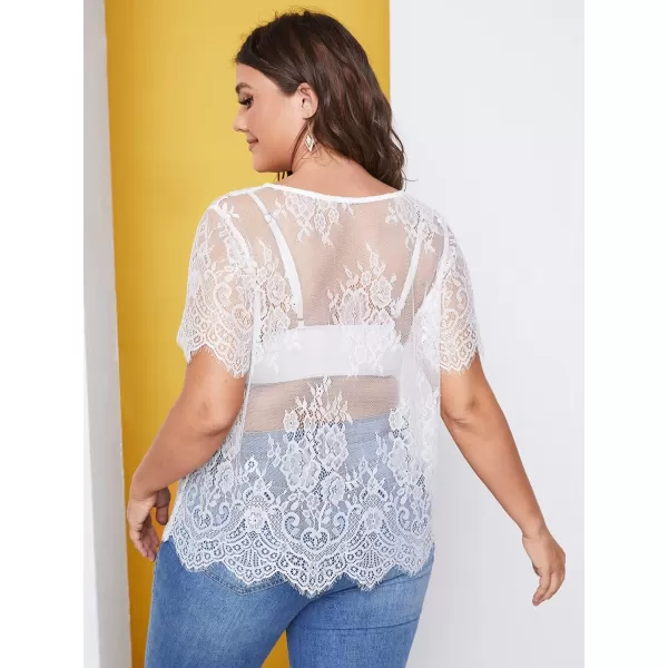 WDIRARA Women's Plus Size Sheer Mesh Lace Top Sexy Scallop Trim Blouse