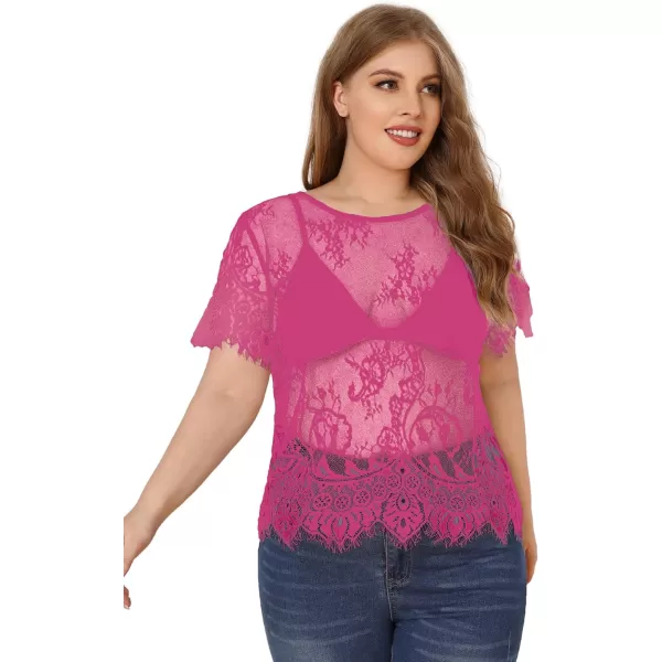 WDIRARA Women's Plus Size Sheer Mesh Lace Top Sexy Scallop Trim Blouse