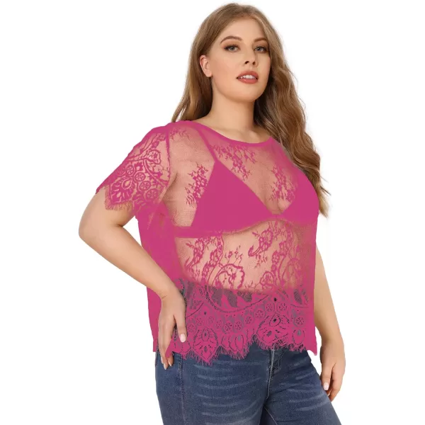 WDIRARA Women's Plus Size Sheer Mesh Lace Top Sexy Scallop Trim Blouse