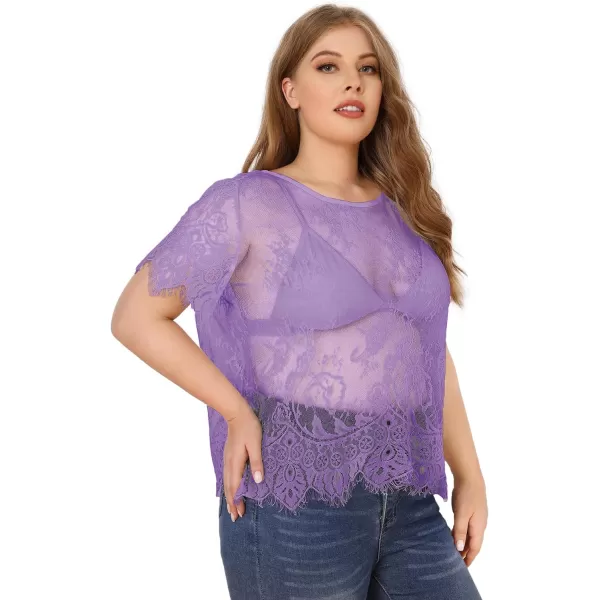 WDIRARA Women's Plus Size Sheer Mesh Lace Top Sexy Scallop Trim Blouse