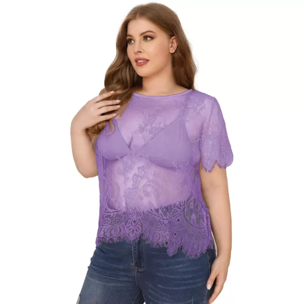 WDIRARA Women's Plus Size Sheer Mesh Lace Top Sexy Scallop Trim Blouse