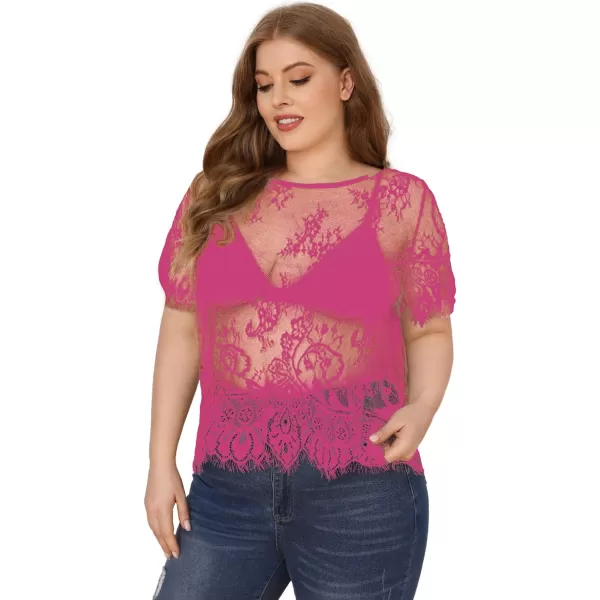WDIRARA Women's Plus Size Sheer Mesh Lace Top Sexy Scallop Trim Blouse