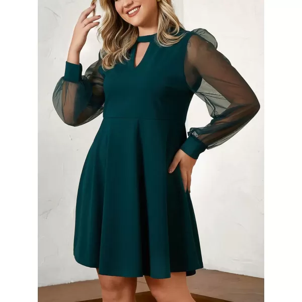 WDIRARA Women's Plus Size Sheer Mesh Long Sleeve A Line Flared Elegant Mini Dress