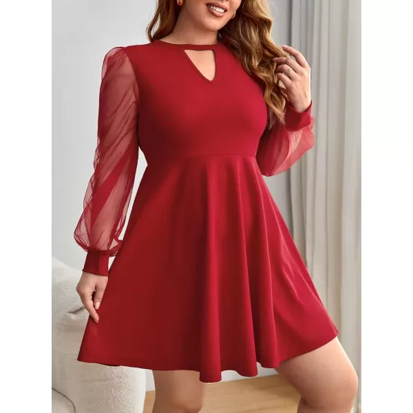 WDIRARA Women's Plus Size Sheer Mesh Long Sleeve A Line Flared Elegant Mini Dress