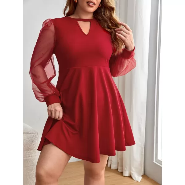 WDIRARA Women's Plus Size Sheer Mesh Long Sleeve A Line Flared Elegant Mini Dress
