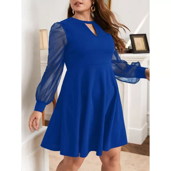 WDIRARA Women's Plus Size Sheer Mesh Long Sleeve A Line Flared Elegant Mini Dress