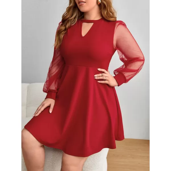 WDIRARA Women's Plus Size Sheer Mesh Long Sleeve A Line Flared Elegant Mini Dress