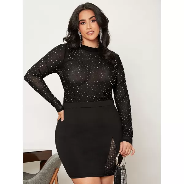 WDIRARA Women's Plus Size Sheer Mesh See Through Mock Neck Rhinestone Crop Top