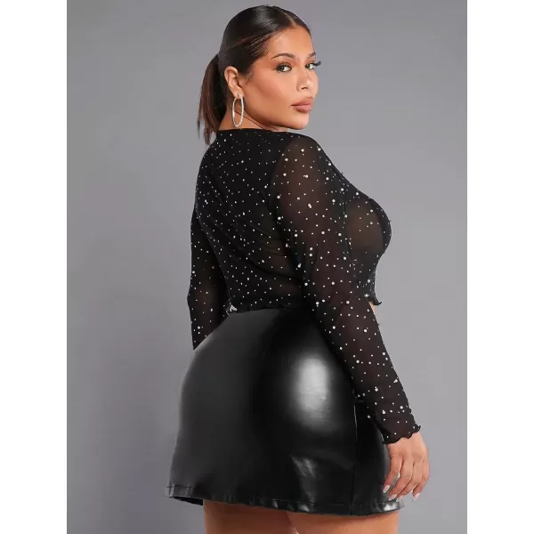 WDIRARA Women's Plus Size Sheer Mesh See Through Mock Neck Rhinestone Crop Top