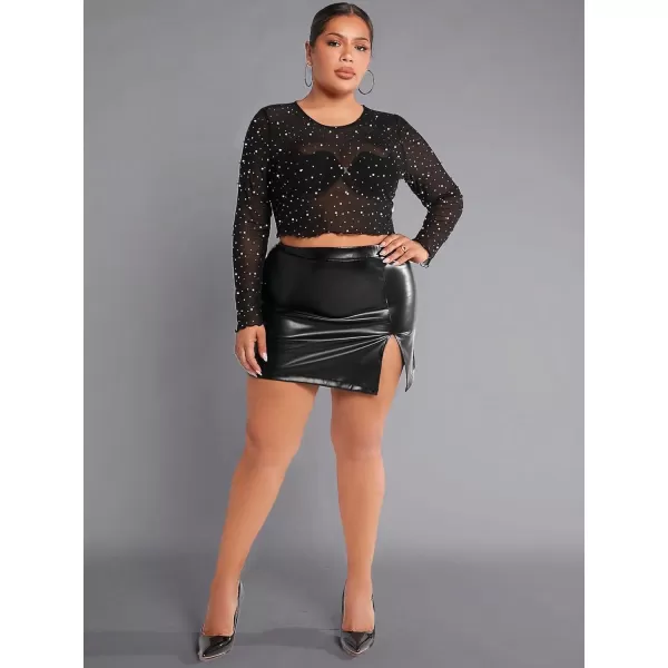 WDIRARA Women's Plus Size Sheer Mesh See Through Mock Neck Rhinestone Crop Top