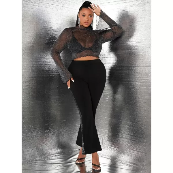 WDIRARA Women's Plus Size Sheer Mesh See Through Mock Neck Rhinestone Crop Top
