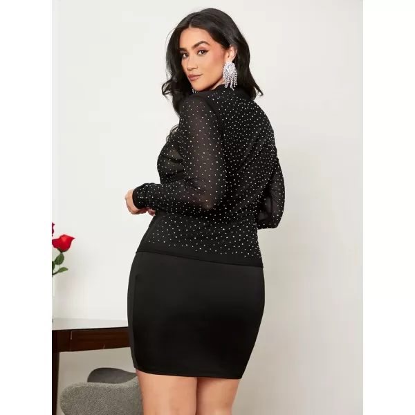 WDIRARA Women's Plus Size Sheer Mesh See Through Mock Neck Rhinestone Crop Top
