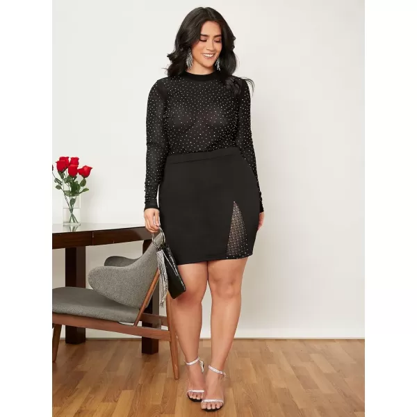 WDIRARA Women's Plus Size Sheer Mesh See Through Mock Neck Rhinestone Crop Top