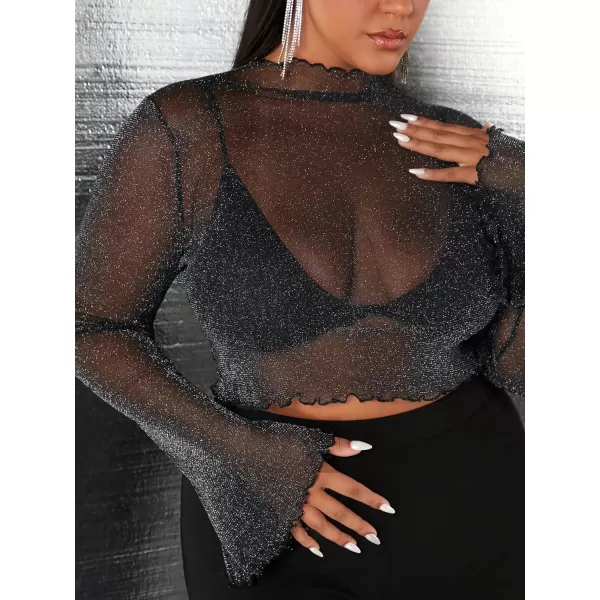 WDIRARA Women's Plus Size Sheer Mesh See Through Mock Neck Rhinestone Crop Top