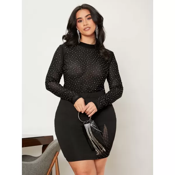 WDIRARA Women's Plus Size Sheer Mesh See Through Mock Neck Rhinestone Crop Top