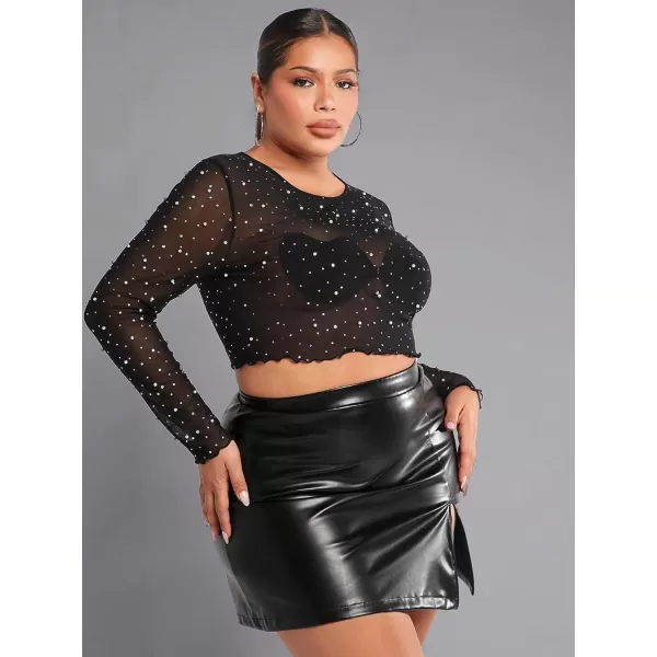 WDIRARA Women's Plus Size Sheer Mesh See Through Mock Neck Rhinestone Crop Top