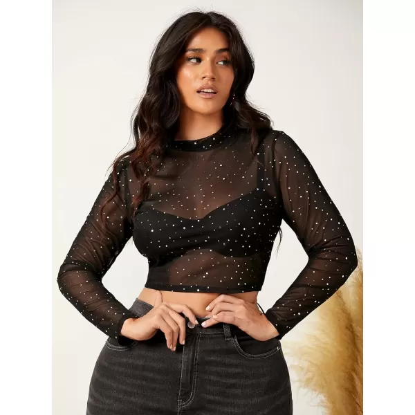 WDIRARA Women's Plus Size Sheer Mesh See Through Mock Neck Rhinestone Crop Top