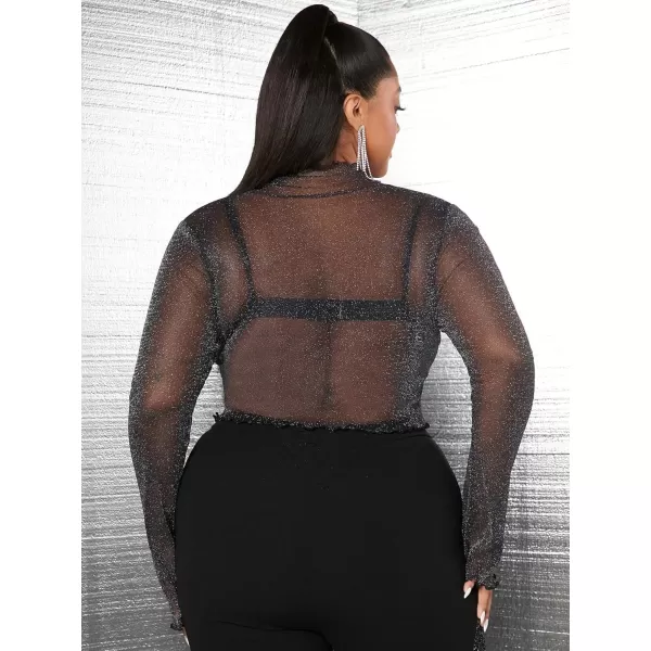 WDIRARA Women's Plus Size Sheer Mesh See Through Mock Neck Rhinestone Crop Top