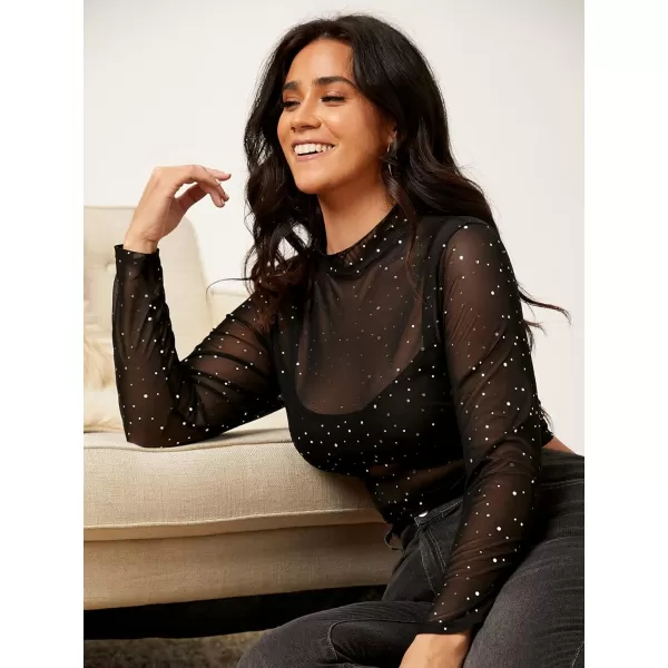 WDIRARA Women's Plus Size Sheer Mesh See Through Mock Neck Rhinestone Crop Top