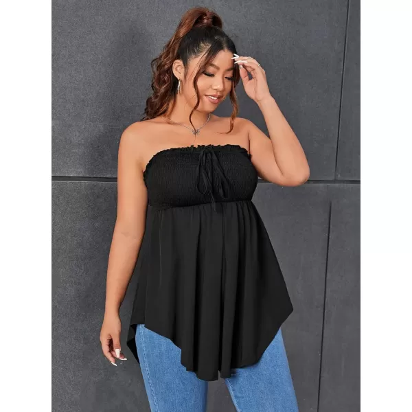 WDIRARA Women's Plus Size Shirred Tie Front Strapless Sleeveless Flare Hem Tube Peplum Top