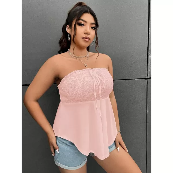 WDIRARA Women's Plus Size Shirred Tie Front Strapless Sleeveless Flare Hem Tube Peplum Top
