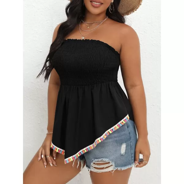 WDIRARA Women's Plus Size Shirred Tie Front Strapless Sleeveless Flare Hem Tube Peplum Top
