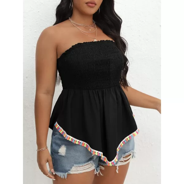 WDIRARA Women's Plus Size Shirred Tie Front Strapless Sleeveless Flare Hem Tube Peplum Top